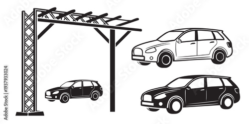 A variety of cars parked under a carport structure in a parking area. Vector