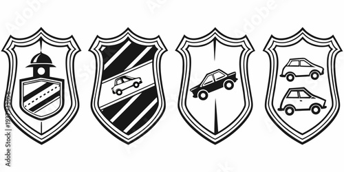 Four distinct shields with unique patterns and designs displayed in a row. Vector