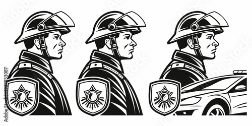 Three knights in armor standing side by side with their helmets and shields Vector