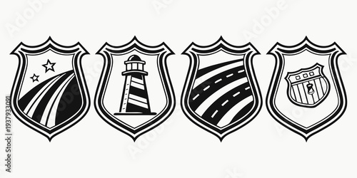 Four distinct shields with unique designs and symbols representing different entities Vector