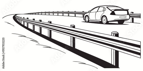 A car driving on a long, straight highway with a protective barrier. Vector