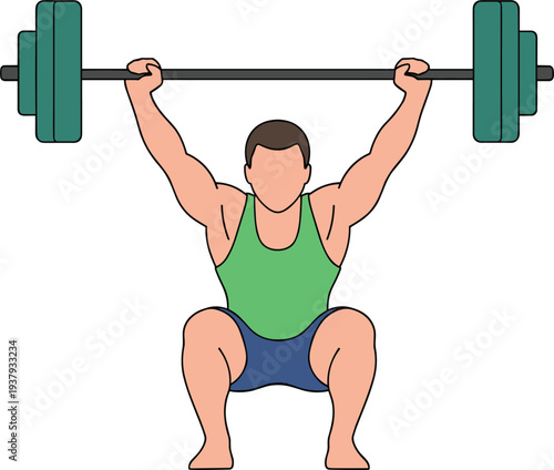 Male Weightlifter Illustration Lifting Heavy Barbell in Squat Position for Gym, Fitness, Bodybuilding, and Strength Training Design