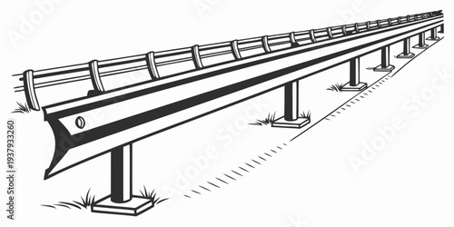 A detailed illustration of a long, elevated railway track supported by multiple piers. Vector