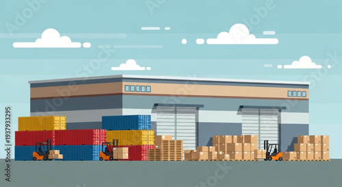 Modern warehouse building with loading docks and cargo containers.