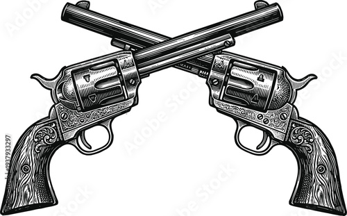 Vintage Engraved Crossed Revolvers Illustration Featuring Ornate Western Style Handguns Isolated on White Background for Wild West Cowboy Graphic Design and Retro Art