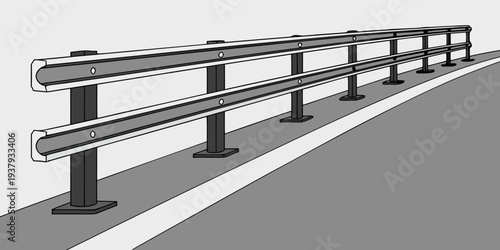 A long metal railing running along a road with a white line Vector