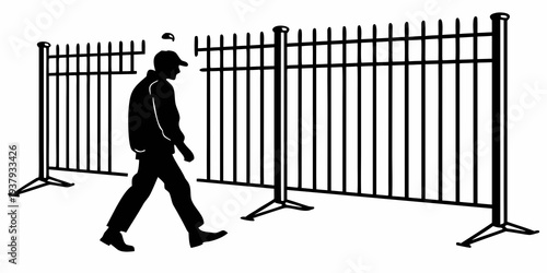 A person walking past a temporary metal barrier fence in a construction area Vector