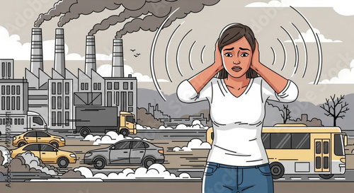 Woman covering ears from industrial noise pollution and smog.