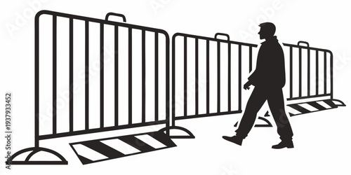 Person walking past a row of temporary construction barriers Vector