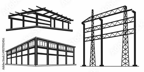 Three distinct architectural structures showcasing modern building designs and construction techniques Vector