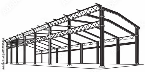 A detailed architectural drawing of a large industrial building structure. Vector