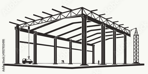 A detailed illustration of a building's structural framework with a pitched roof. Vector