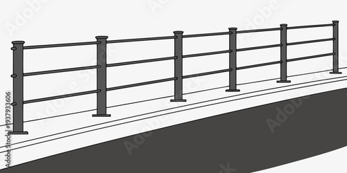 A modern metal fence with horizontal bars and vertical posts set on a concrete base Vector