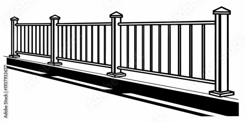 A tall white metal fence with vertical bars and decorative tops in a black and white image Vector