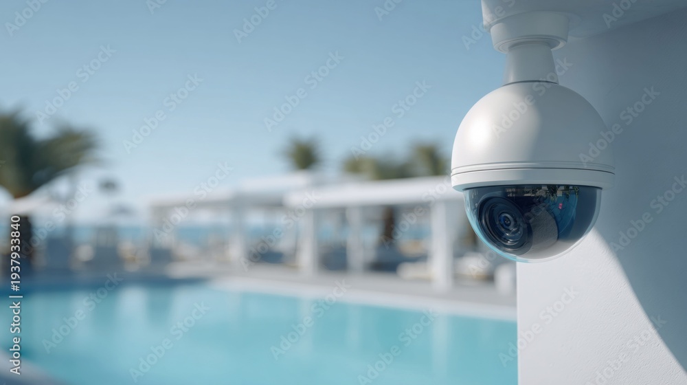 Naklejka premium Modern security camera monitors a luxury resort pool area with palm trees and clear blue sky