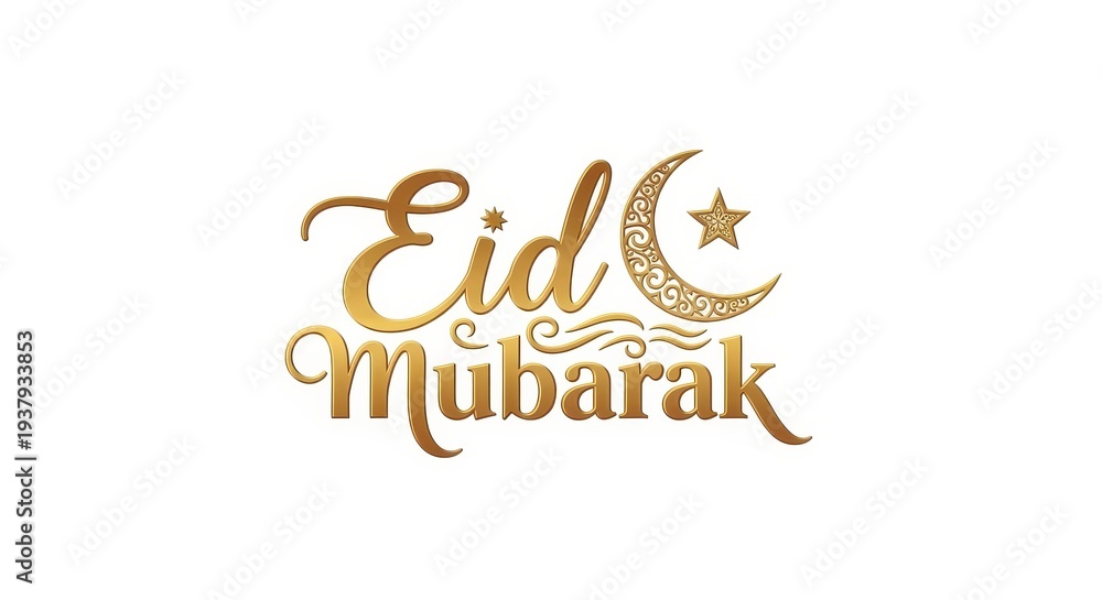 Obraz premium Eid Mubarak gold calligraphy greeting with crescent moon and star isolated on white