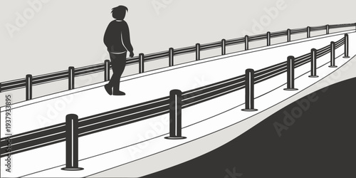 A man walking along a narrow, elevated path over a deep, dark abyss. Vector
