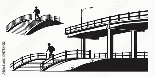 People walking on a modern bridge with unique architectural design. Vector
