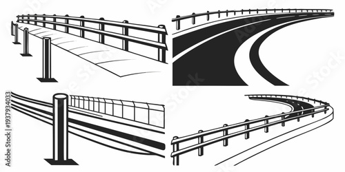 A detailed illustration of a curved road with guardrails and a pedestrian walkway Vector