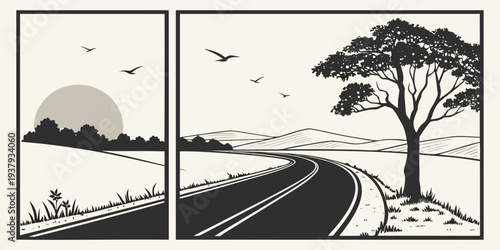 A serene landscape with a winding road, trees, and a distant sunset Vector