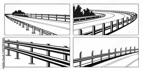 Aerial view of a river flowing through a mountainous landscape with a bridge and buildings Vector