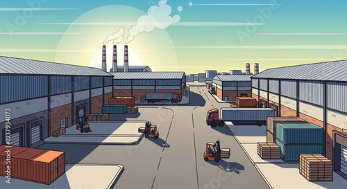 Industrial warehouse complex with forklifts and trucks.