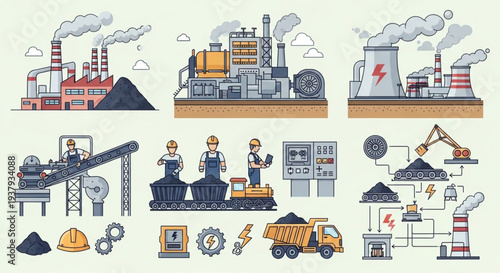Industrial factory and power plant illustrations with workers and machinery.