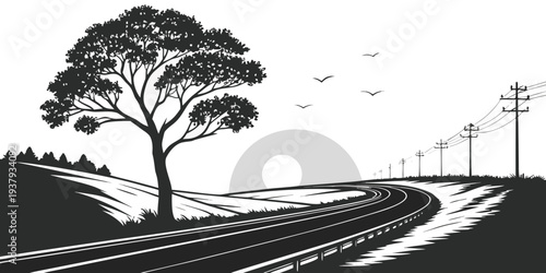 A serene landscape with a winding road, trees, and a distant mountain range. Vector