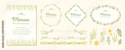 ミモザの花で彩る春の黄色いリースと花束のフレームタイトルやアイコンイラスト:国際女性デーなど