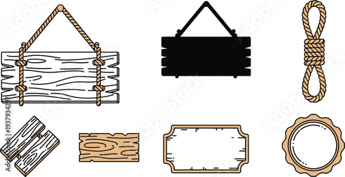 Wooden Signage Illustration Set with Hanging Wood Planks, Ropes, Knots, and Rustic Timber Frames for Creative Message and Text