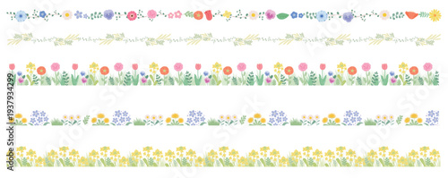 春の草花と葉をカラフルに配した飾り罫や帯・フレームデザイン:桜やチューリップなど