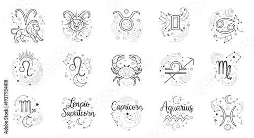 Collection of Zodiac Symbols and Constellations.