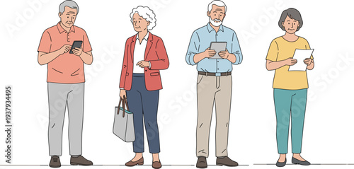 Minimalist line art vector illustration of senior citizens using smartphones and digital tablets for social connection and communication