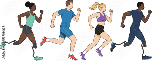 Minimal hand-drawn vector illustration set of diverse athletes running with prosthetic blades in clean outline style and consistent stroke width