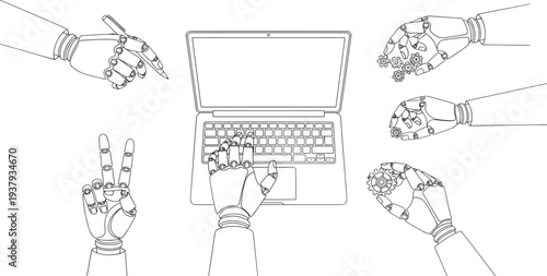 Minimalist line art vector illustration of robotic android hands typing on laptop and holding digital pen for ai technology concept