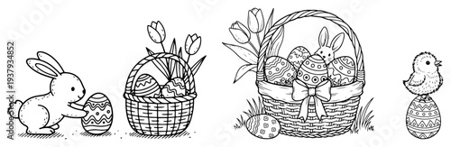 Easter bunny with woven baskets full of eggs and tulips next to a small chick