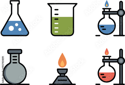 Minimalist laboratory equipment vector set including beakers, flasks with colorful liquids, gas burners, and heating apparatus icons on dark background