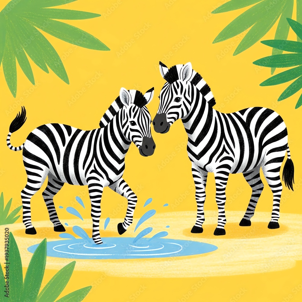 Obraz premium Two Zebras Splashing in Water with Tropical Leaves.
