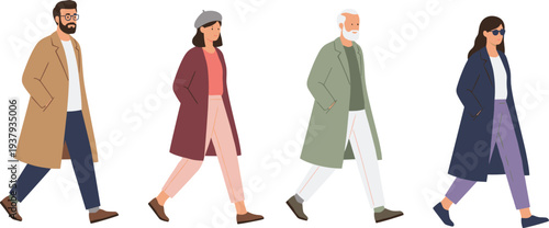 Minimalist hand drawn line art vector of people walking in winter coats and autumn outerwear for urban street style