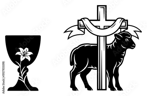 Black and white silhouette of Christian Easter symbols including a lamb with cross and a chalice with lily