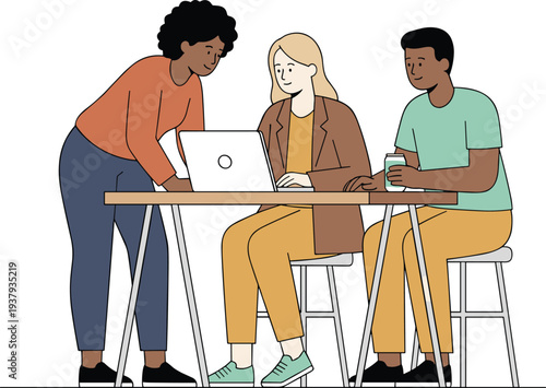 Minimal line art vector illustration of group collaboration around laptop symbolizing teamwork, communication, and shared technology use