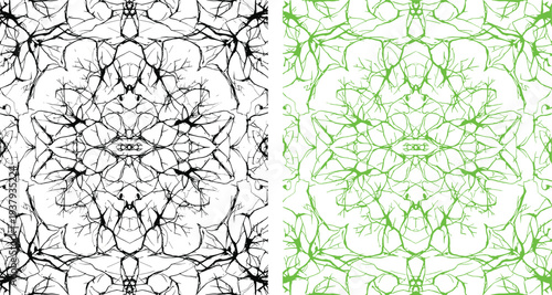 Abstract black and green symmetrical branch patterns with intricate twig details isolated on white background for organic texture, nature design, and seamless wallpaper.