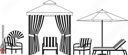 Minimal line art vector illustration of outdoor furniture set with canopy tent, striped chairs, and patio umbrella décor