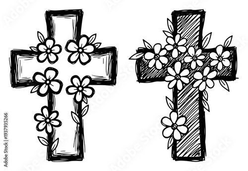 Sketch of two wooden christian crosses decorated with blooming spring flowers