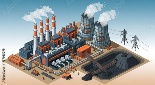 Industrial Power Plant with Cooling Towers and Smokestacks.