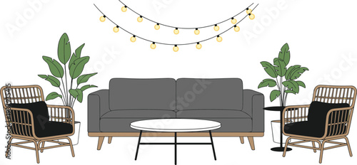 Minimal line art vector illustration of stylish living room interior with sofa, plants, coffee table, and decorative hanging lights