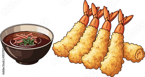 Japanese Shrimp Tempura Cartoon Food Illustration