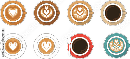 Minimal line art vector illustration of assorted coffee cups with latte art designs showcasing barista culture and beverage diversity