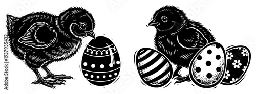 Two Easter chicks with decorated eggs in vintage black and white style