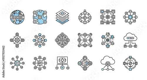 Data Technology Network Icon Set with Cloud Computing Digital Systems Blockchain and Information Technology Symbols